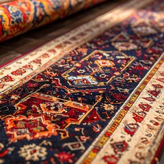 A close-up of a rolled-up colorful rug with intricate patterns