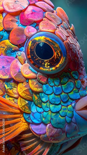 A close-up of a vibrant fish with iridescent scales and large eye