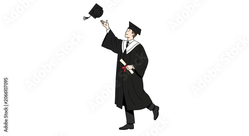 Photos young man in graduation gown throwing cap in air celebrating
