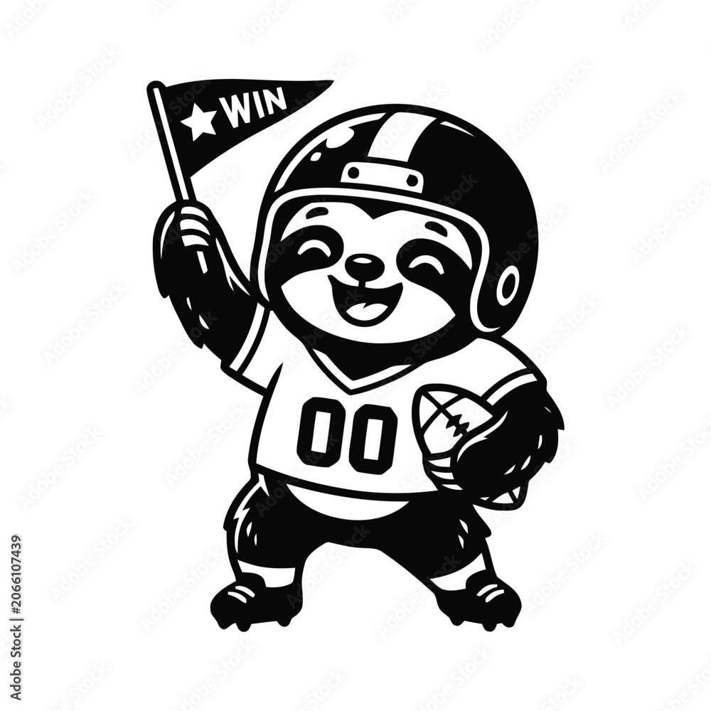 Obraz premium Cheerful Sloth Mascot Wearing Football Uniform and Holding a Winning Flag Vector Illustration Character