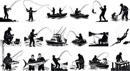 Fotografie Collection of professional fishing silhouettes depicting various angling techniq