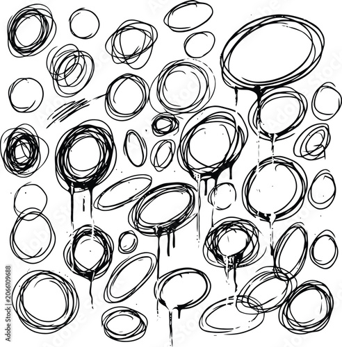 A black and white illustration of various sized circles and ovals with some overlapping and dripping paint effects