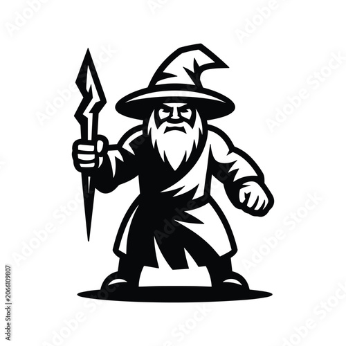 Black and white vector illustration of a fantasy wizard holding a lightning bolt staff