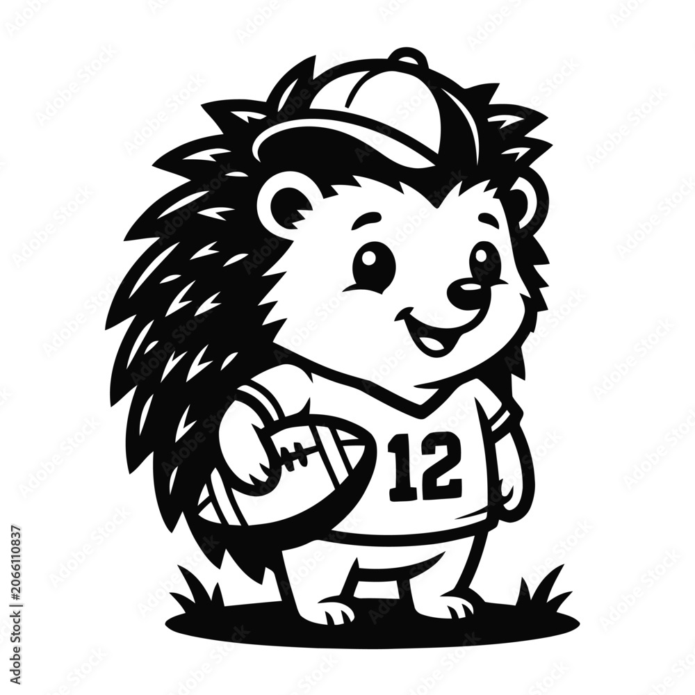 Fototapeta premium Cute Cartoon Hedgehog Athlete Wearing Sports Jersey and Cap Holding an American Football for Team Mascot Logo