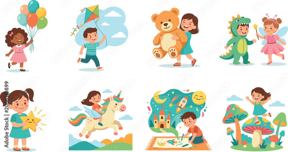 Fototapeta premium Whimsical Childhood Fantasy Illustration Set with Balloons, Costumes, Unicorns, and Creative Play