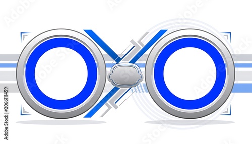 Blue and white abstract geometric design with circles.