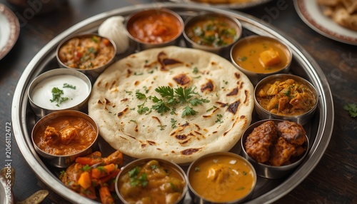 Indian Thali Feast: A vibrant and colorful Indian thali spread, showcasing a variety of traditional dishes in small bowls surrounding a central flatbread.