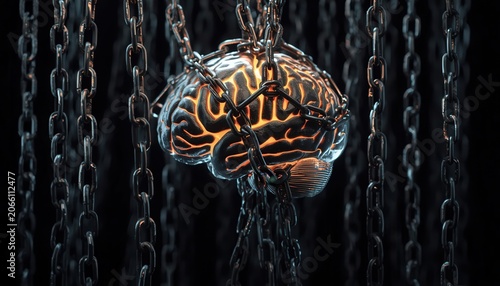 Brain in Chains: A glowing brain entangled in heavy chains, symbolizing mental confinement or the struggle against limitations. The dark.