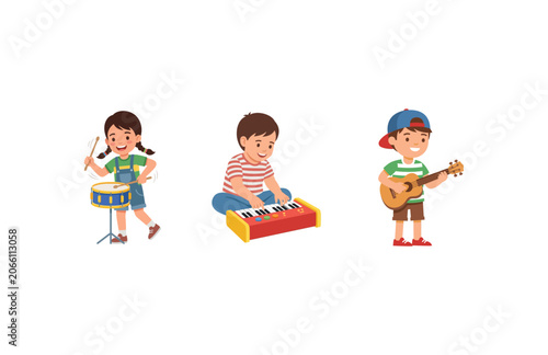 Diverse Group of Children Playing Musical Instruments Like Drums Keyboard and Guitar for Creative Education
