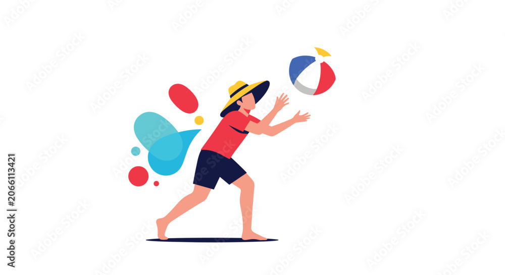 Fototapeta premium Person wearing a yellow sun hat and shorts jumps excitedly to catch a colorful beach ball against a white background.