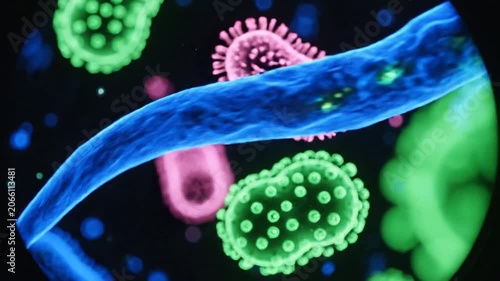Colorful microscopic view of diverse bacteria and virus pathogens.