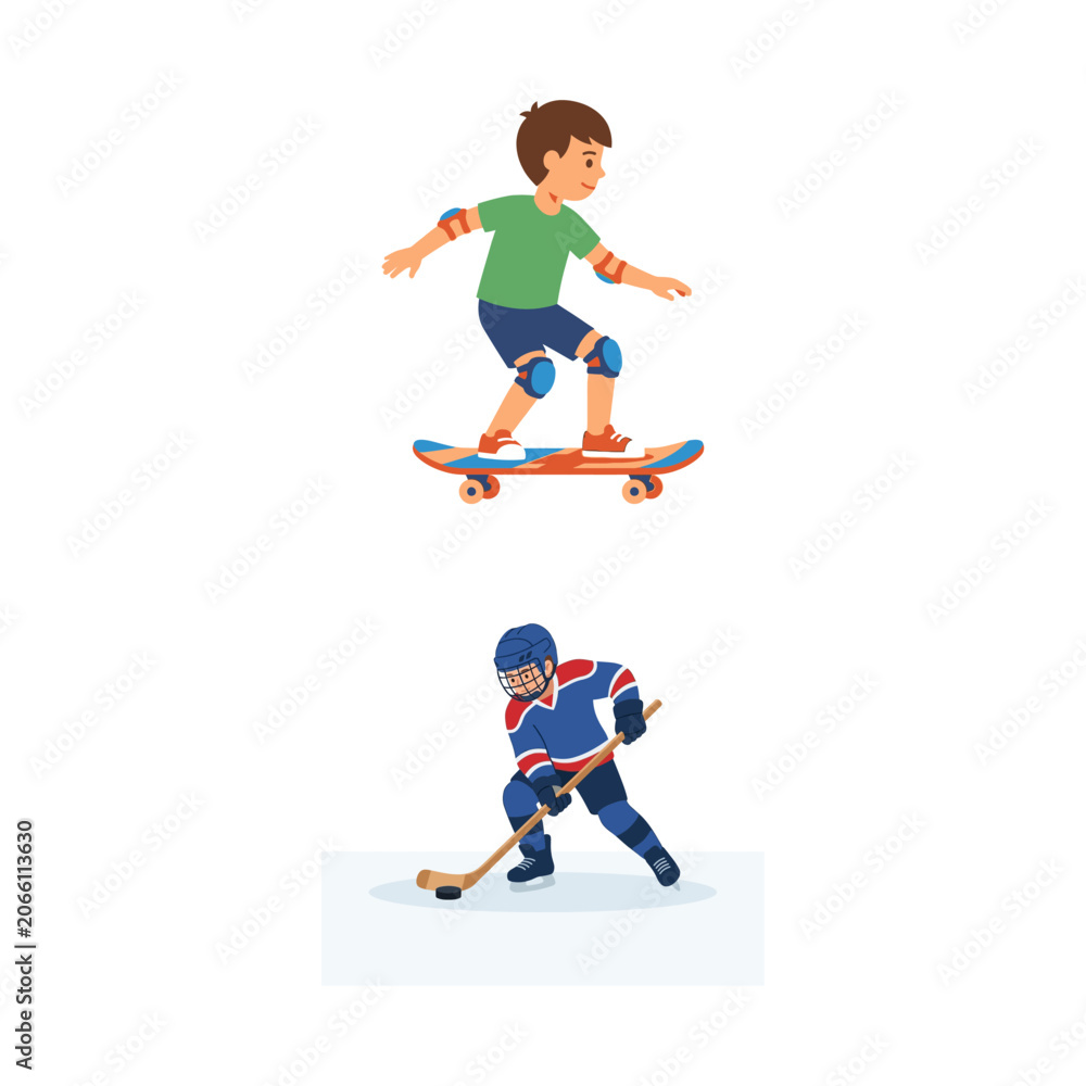 Fototapeta premium Young Athletes Participating in Outdoor Skateboarding and Professional Ice Hockey Sports Games