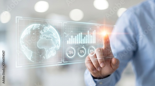 Hand touching digital global dashboard interface with futuristic technology and data visualization