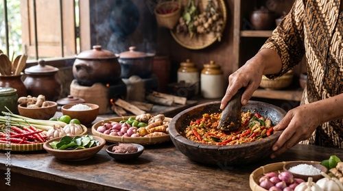 Hands preparing authentic Indonesian spice paste (bumbu) with fresh ingredients in a traditional kitchen.