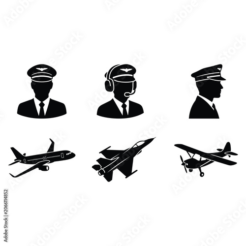 Aircraft pilot avatar commercial airplane fighter jet aviation editable vector solid illustration