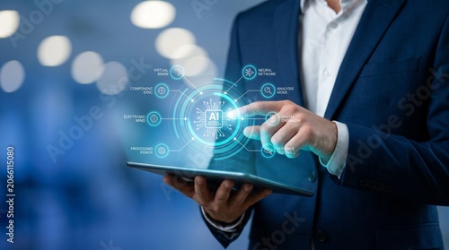 Business professional interacting with futuristic AI hologram interface in modern office setting