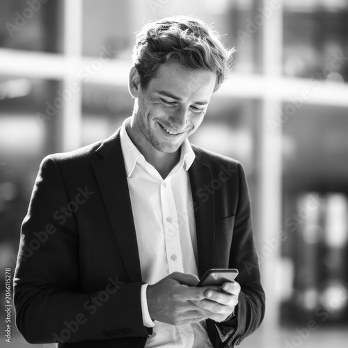 Young Professional Man Wearing Suit Smiling While Using Smartphone in Office Environment