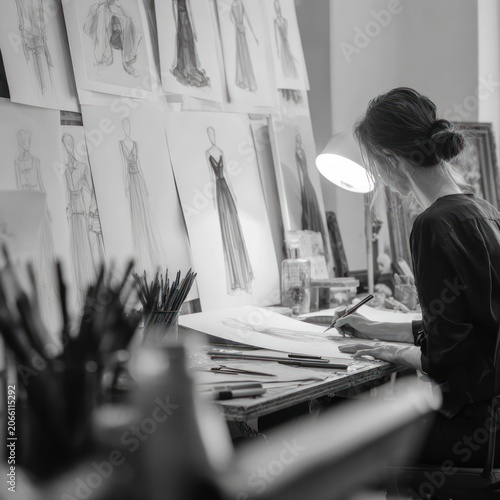 Female Fashion Designer Creating Sketches in Modern Studio with Fashion Drawings and Art Supplies