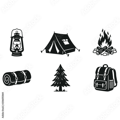 Photos Camping tent bonfire outdoor backpack adventure editable vector solid illustrati