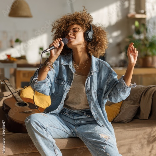 Young Woman Singing with Headphones Playing Guitar in Cozy Living Room