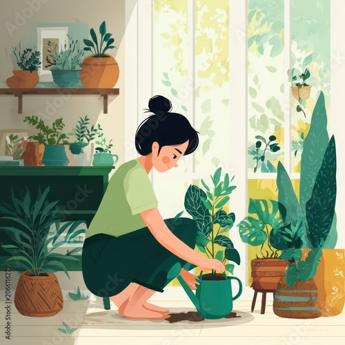 Young Woman Watering Indoor Plants in Bright Sunlit Room with Greenery