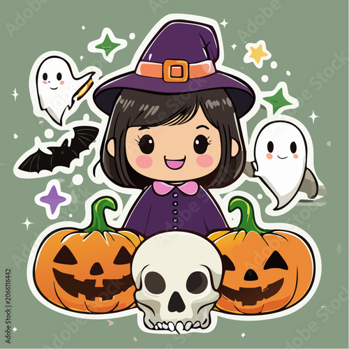 Cute Witch Girl with Halloween Elements
