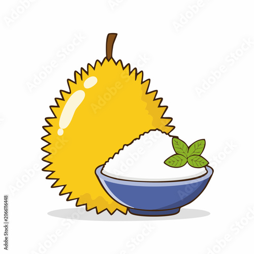 Durian Fruit and Bowl of Rice with Mint Leaves