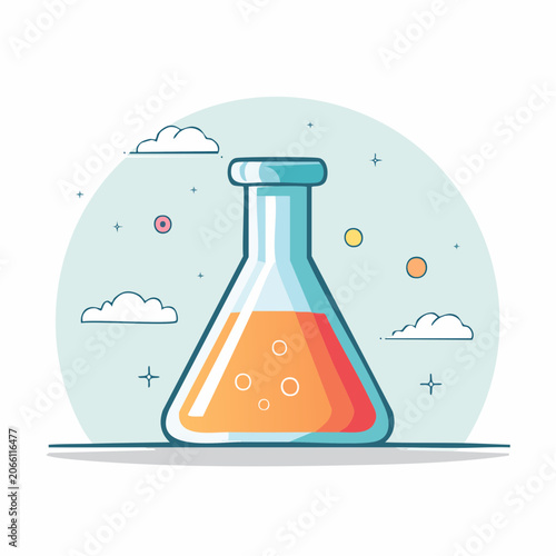 Flat Design Erlenmeyer Flask with Orange Liquid and Bubbles