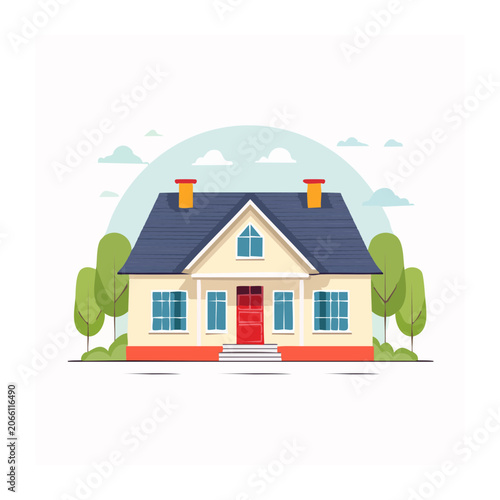 Flat design illustration of a modern house with lawn and trees