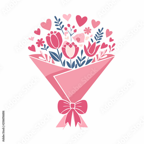 Pink Bouquet of Flowers and Hearts