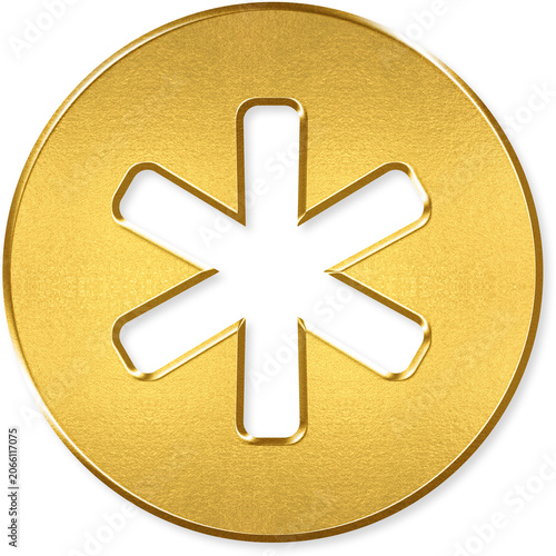Asterisk icon with gold metallic 3D coin badge for asterisk star symbol wildcard footnote required notation character mark reference on transparent background