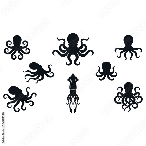 Octopus squid marine creature tentacle editable vector solid illustration