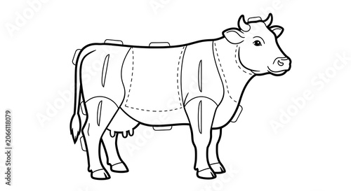 A black-and-white illustration of a cow with dotted lines