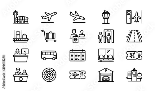 Airport and Aviation Outline Icons Set with Flight Travel and Terminal Symbols