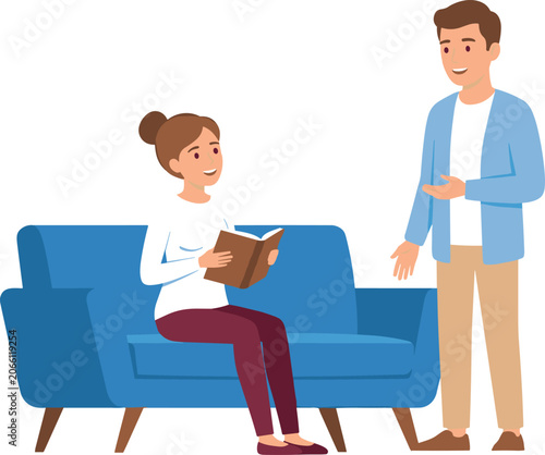 Happy Young Couple Talking in Living Room with Woman Sitting on Blue Sofa Holding Book and Man Standing Vector Illustration