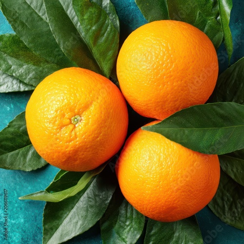 Bright Fresh Oranges with Green Leaves on Blue Background