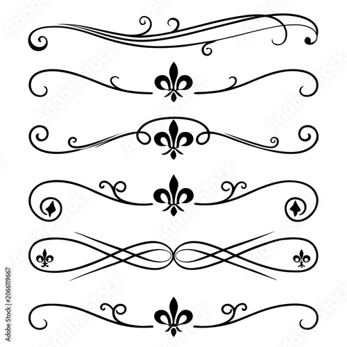 Elegant calligraphic dividers and fleur de lis motifs.