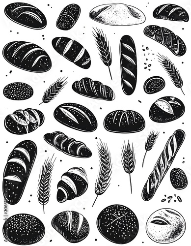 A black-and-white illustration of various bread and wheat