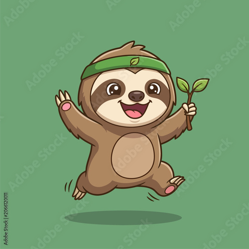 Cute Cartoon Sloth Running with Headband and Green Leaf Branch