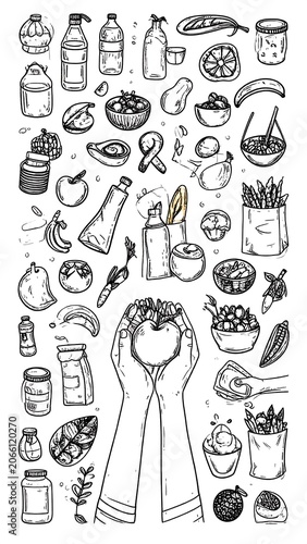 A black-and-white illustration of various food and drink items with a central image of hands holding fruit
