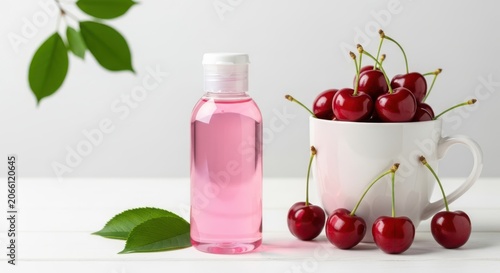 Transparent bottle with pink liquid next to a cup of fresh cherries isolated on white background