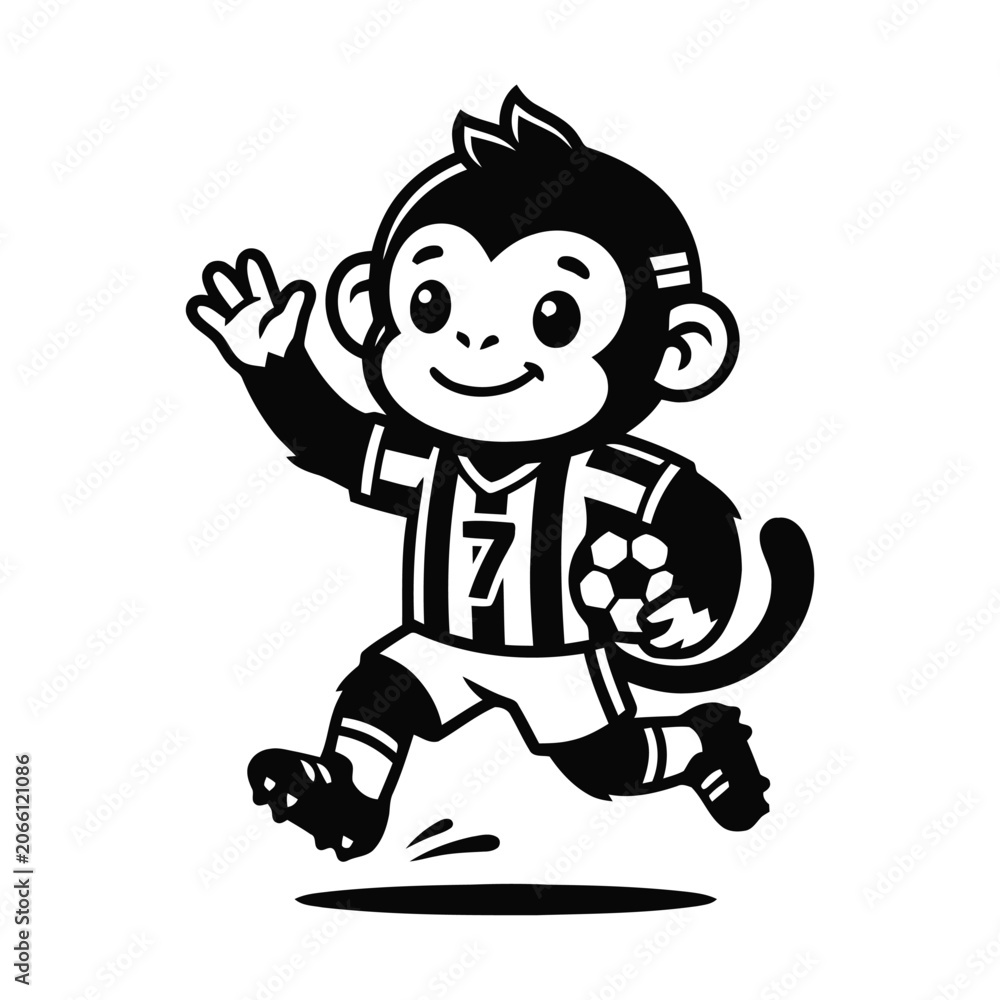 Obraz premium Cute Cartoon Monkey Soccer Player Character Waving and Holding a Ball in Black and White Vector Style