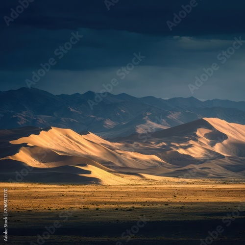 Majestic Desert Dunes with Dark Storm Clouds Over Mountain Range