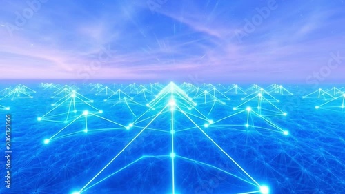 Abstract blue grid pattern with light effects against a blurred background
