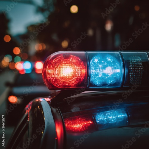Police Car Emergency Light Bar with Red and Blue Lights Flashing in Night Scene