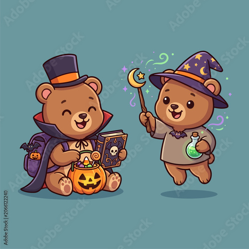 Cute Halloween Bear Characters in Wizard and Vampire Costumes