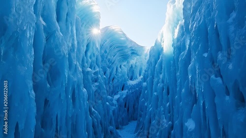 Abstract blue ice formation with sunlight and textured surfaces