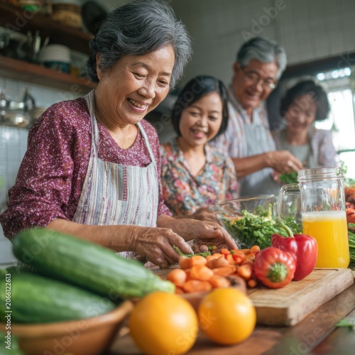 Elderly Asian Woman Cooking Fresh Vegetables in Bright Kitchen with Family