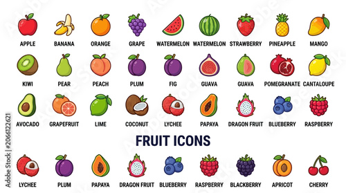 A vibrant collection of colorful fruit icons displayed on a white background