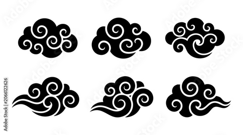 Cuadro en lienzo Set of black flat vector graphic clouds featuring traditional swirling oriental